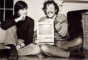 Bill Atkinson, right, a key member of the Macintosh research program, begun in 1979, for which Steve Jobs, left, assumed leadership in 1981. Photo, Jan 1984.