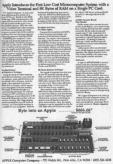 Early print advertisement for an ‘Apple 1' computer – essentially a circuit board with ability to connect to keyboard and “tape interface” or TV monitor.