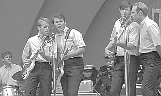 Brian Wilson, 2nd from right, performing with the Beach Boys at unidentified venue, likely in the 1963-65 period.