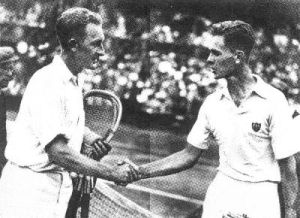 Jack Crawford and Ellsworth Vines (right) greeting one another after a match at Wimbledon, 1932.