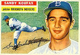 1956 Topps baseball trading card for Sandy Koufax, pitcher, Brooklyn Dodgers. Click for card.