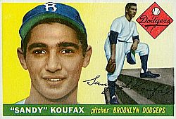 A 1955 Sandy Koufax “rookie year” card by the Topps card company, said to be a desirable card among collectors. Click for card.