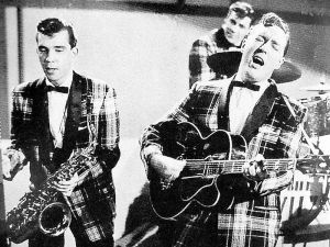 Bill Haley and his Comets, one of the more famous rock ‘n roll acts by 1957, appeared on Bandstand’s prime time show Oct 28th and on the regular show, Nov 27th 1957. Click for story.