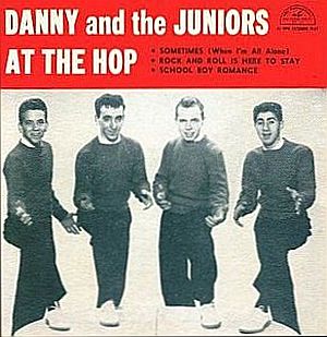 Record sleeve for Danny & the Juniors’ extended play 45 rpm with four songs: "At The Hop," "Rock and Roll Is Here To Stay," "Sometimes" and "School Boy Romance," 1958.