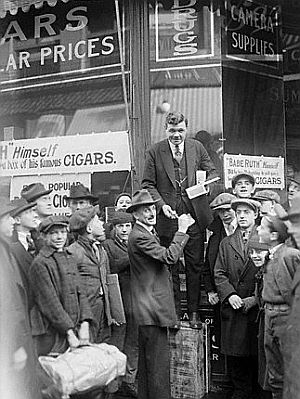 Babe Ruth selling his cigars in front of a Boston drug store & tobacco shop, February 1920.