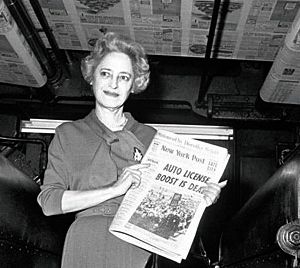 Dorothy Schiff, the publisher of The New York Post, with the presses running overhead in 1963.