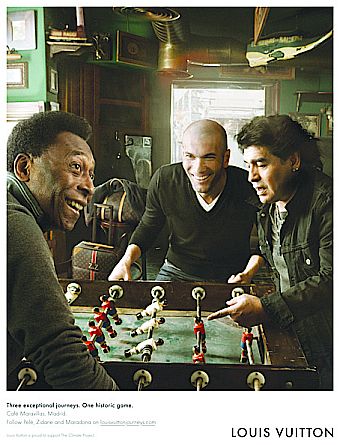 Louis Vuitton’s June 2010 magazine ad featuring soccer greats Pelé, Zidane and Maradona, photographed by Annie Leibovitz.