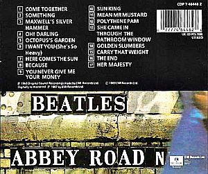 The back cover of the Beatles’ 1969 album, “Abbey Road,” listing 17 tracks. Click for 3-CD 50th anniversary set.