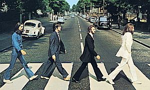 More “Paul-is-dead” imagery from Beatles’ “Abbey Road” album, from left: George as gravedigger, Paul the corpse, Ringo mourner, and John the preacher. Click for wall poster.