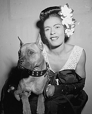 Billie Holiday in a Wm. T. Gottlieb photo with her famous and beloved dog, “Mister,” New York, Feb 1947. Click for photos.