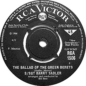 RCA 45 rpm record label for Barry Sadler’s 1966 hit song, “The Ballad of the Green Berets.” Click for vinyl or digital.