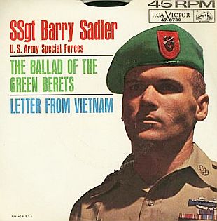 Green Beret, Barry Sadler, on  record sleeve for his 1966 No. 1 hit, “The Ballad of the Green Berets.” Click for CD.
