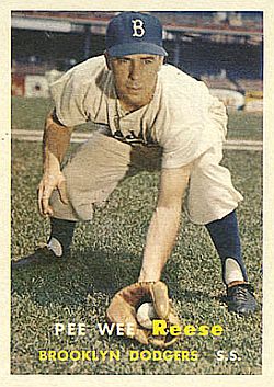 Pee Wee Reese of the Brooklyn Dodgers, shown on 1957 Topps baseball card.