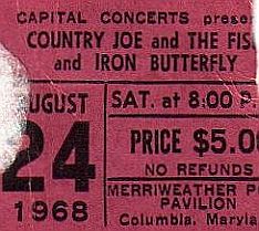 Ticket stub from Aug 24, 1968 concert at Merriweather Post Pavilion, in Maryland.