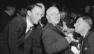 Frank Sinatra with former President Harry Truman (center) and toastmaster George Jessel in November 1957 at Jefferson-Jackson Day Dinner and fundraiser, Biltmore Hotel, Los Angeles. 