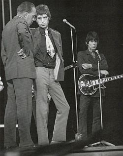 Ed Sullivan talking with Mick Jagger as Keith Richards stands in background during a show rehearsal, January 15, 1967.