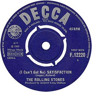 Decca record label for Rolling Stones’ 1965 song, “Satisfaction,” by Mick Jagger & Keith Richards.