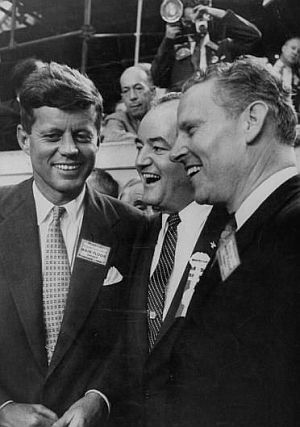 U.S. Senators John F. Kennedy, Hubert H. Humphrey, and Albert Gore Sr. in conversation during the 1956 Democratic Convention.