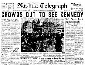 Kennedy headlines from Nashua, New Hampshire, January 1960.