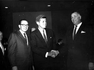 JFK shaking hands with Jack Entratter, manager & entertainment chief at the Sands, February 1960.