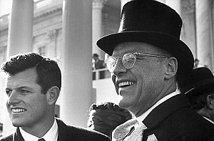Jan 20, 1961: Ted Kennedy & family patriarch, Joseph P. Kennedy, on JFK Inauguration Day. (Paul Schutzer).