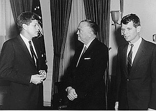 FBI director, J. Edgar Hoover, center, meeting with JFK and Attorney General Robert Kennedy, January 1961.