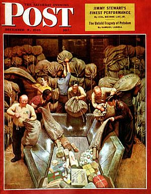 December 8, 1945:  “Post Office Sorting Room,” also by John Falter. Click for separate story on Falter's art & SEP covers.