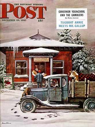 A Stevan Dohanos illustration, “Rural Post Office at Christmas,” provides seasonal cover art for Saturday Evening Post of December 13, 1947. Click for illustration in various sizes of canvas wall art.