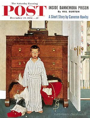 Norman Rockwell’s "Truth About Santa" or "Discovery,” captures the complete surprise of a crestfallen young boy who has discovered Dad’s Santa suit. SEP cover, December 29, 1956.