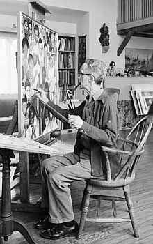 Rockwell at work on “Golden Rule,” 1960.