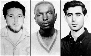 Michael Schwerner, James Chaney and Andrew Goodman – the three civil rights workers who were murdered in Mississippi, June 1964. FBI photos. Click for related book.