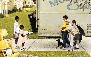 Norman Rockwell’s “New Kids in the Neighborhood” ran as full two-page centerfold in Look magazine, May 16, 1967. Click for print.