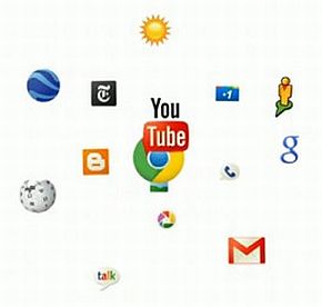 In the final frames of the ad, clicking on the Chrome icon yields a display of other Google icons,  each representing other web possibilities.
