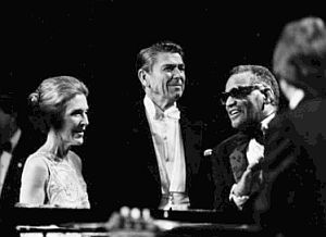 1981 Inauguration.  First Lady Nancy Reagan and President Ronald Reagan with Ray Charles after his performance.