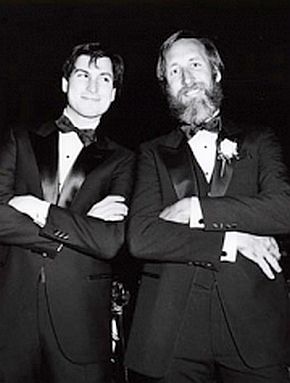 1984: Steve Jobs in earlier photo with friend & advertising guru Lee Clow, whose firm helped craft brilliant marketing campaigns for Apple, including the iPod silhouettes.
