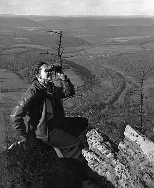 1945: Rachel Carson looking for raptors at Hawk Mountain, Berks County, Pennsylvania.