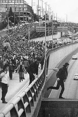 1970: University of Washington students during May 5th Seattle freeway protest.