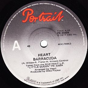 Single of Heart's 1977 hit song, "Barracuda," shown in Australian pressing. Click for digital single.