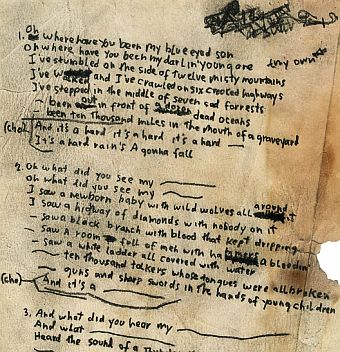 A portion of the page of Bob Dylan’s handwritten lyrics for the song “A Hard Rain’s A Gonna Fall,” that reportedly sold at auction in August 2009 for $51,363.60. Click for auction site.