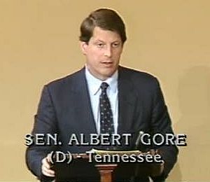 Al Gore, Democrat of Tennessee, had the distinction of delivering the first C-SPAN speeches in both the House, March 19, 1979, and, shown here, in the Senate on June 2, 1986.