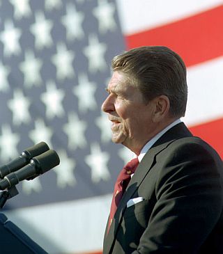 President Ronald Reagan speaking at the Reagan-Bush campaign rally in Hammonton, NJ, 19 September 1984.