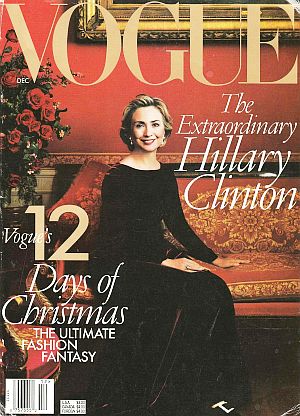 Vogue magazine cover with Hillary Clinton, December 1998, a tough time for the First Lady. Click for copy.