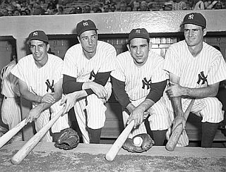 July 1950: Yankee All-Stars, from left: Phil Rizzuto, Joe DiMaggio, Yogi Berra and Gerry Coleman.