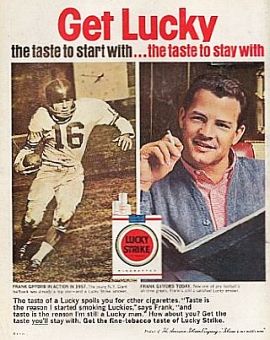 Football star, Frank Gifford, in early 1960s Lucky Strike cigarette ad. Click for story.