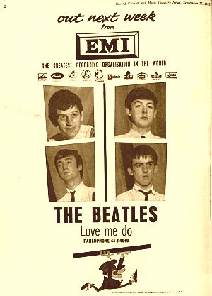 EMI ad for the Beatles’ first song, “Love Me Do,” placed in “The Record Retailer and Music Industry News” trade magazine, September 27, 1962.
