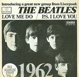 Beatles shown on a Parlophone record sleeve for “Love Me Do” – the boys touted as “a great new group from Liverpool.”