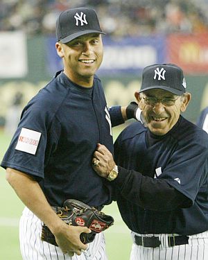 March 2004: Derek Jeter and Yogi Berra during a pre-game warm-up session for Yankess and Devil Rays game in Tokyo, Japan.