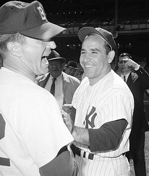 April 16, 1964: New York Yankee manager Yogi Berra, and Boston Red Sox manager Johnny Pesky, have a few laughs before season-opening game in New York.  AP photo/John Lindsay.