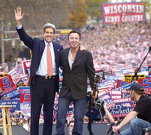 October 2004: Presidential candidate John Kerry with Bruce Springsteen at campaign rally in Madison, Wisconsin. Photo, Mike DeVries /Capital Times.