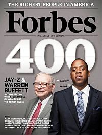 Jay-Z on the cover of the Forbes 400 "rich list" issue for 2010, along with Warren Buffett.